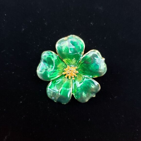 Vintage Enamel Five Leaf Clover Brooch Pin Green - Picture 1 of 10